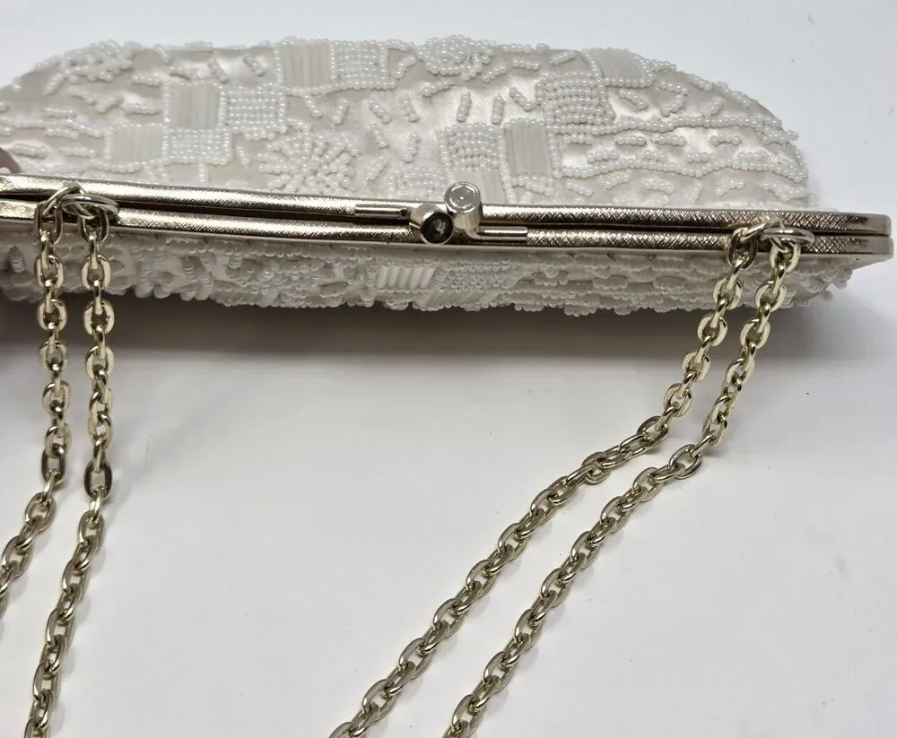 Vintage La Regale Beaded Evening Purse‎ Ivory Satin Kiss Lock Hong Kong Wedding